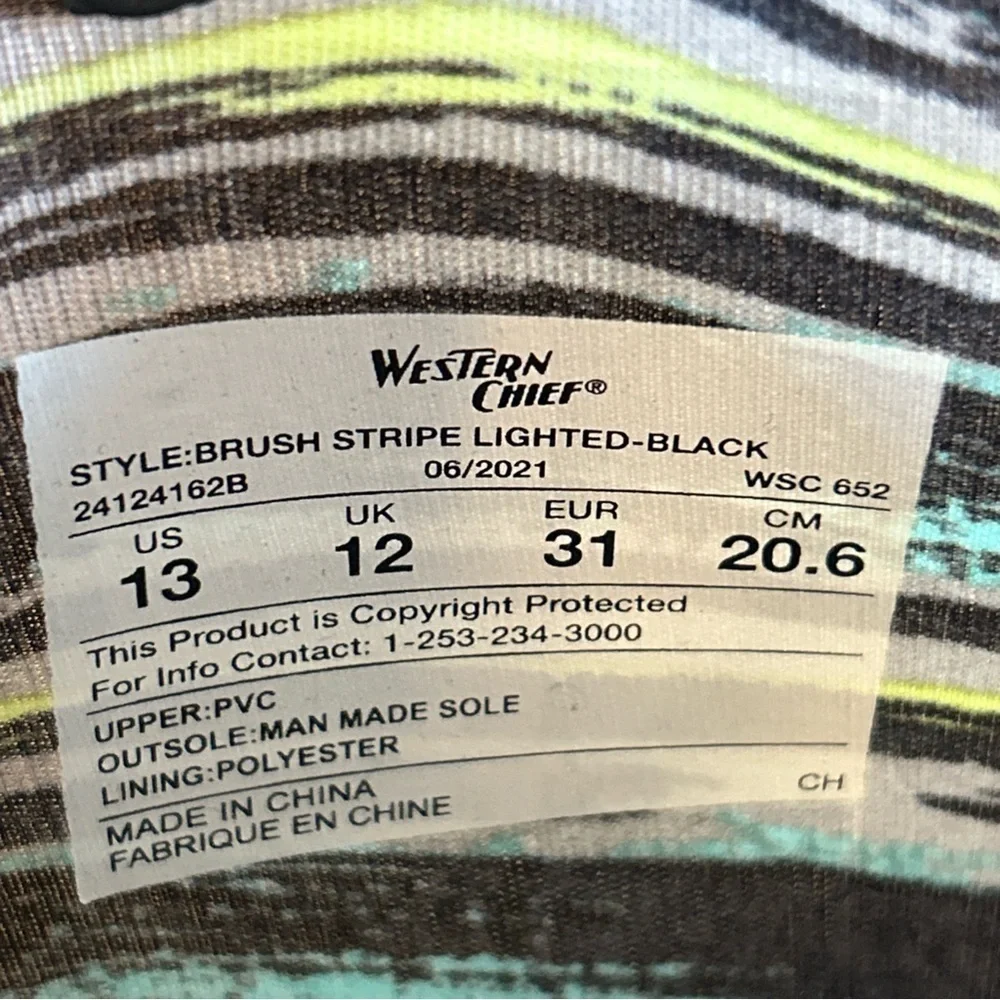 Western Chief Black Brush Stripe Lighted Pull On Boys Youth Rain Boots Size 13